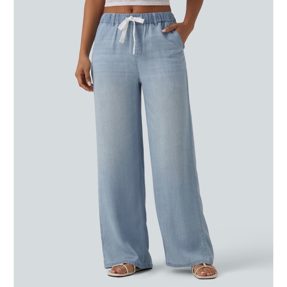 Halara Womens Mid Rise Drawstring Casual Wide Leg Jeans Light Wash Blue Size L